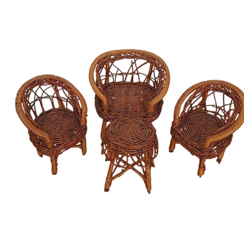 Vintage Miniature Doll 4-Pc Wicker Furniture Set Sofa + 2 Chairs & Table Handmad